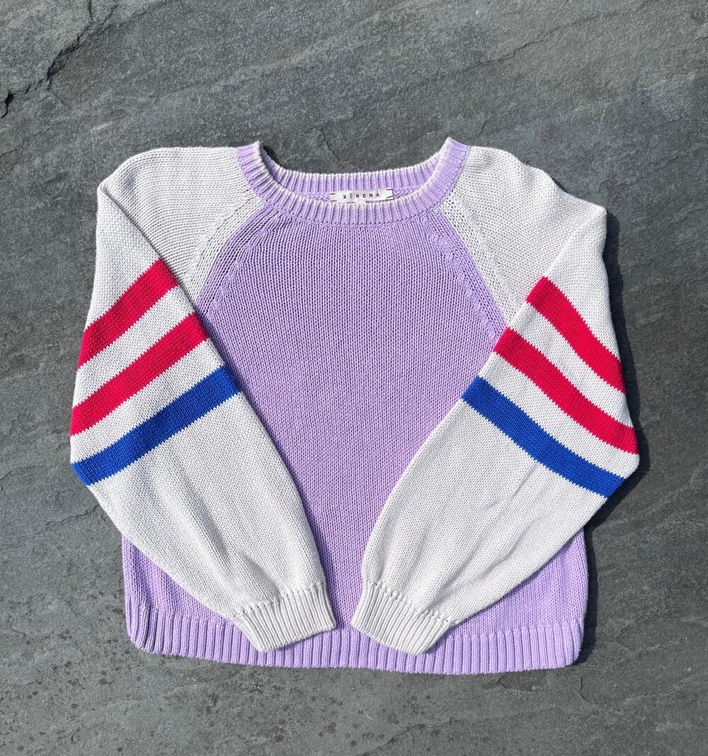 Xirena Jagger Cotton Knit Colorblock Sweater Lilac Purple Red Blue Stripe S